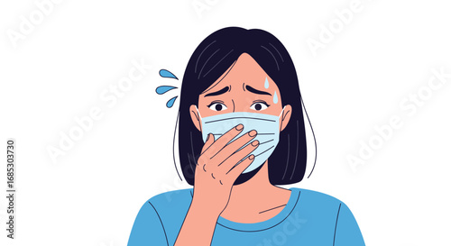 Woman wearing a face mask coughing and feeling unwell during a pandemic outbreak scenario