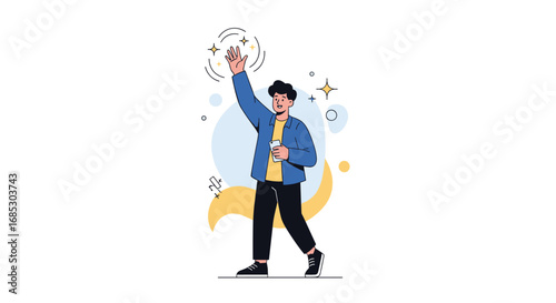 Young man enjoying a joyful moment with music and nature elements in the background