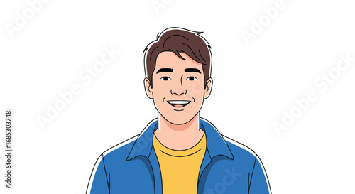 A cheerful young man with brown hair wearing a blue jacket and yellow t-shirt smiling