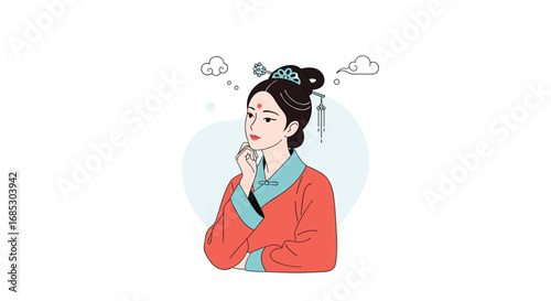 Ancient chinese woman thinking deeply about her problems and solutions