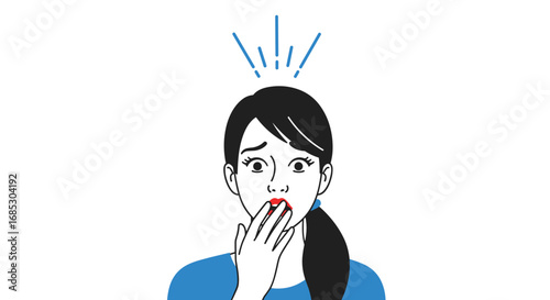 Shocked woman covers mouth with hand experiencing sudden surprise and fear