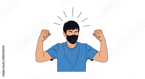 Man with mask showing muscles flexing arms celebrating victory feeling strong and powerful