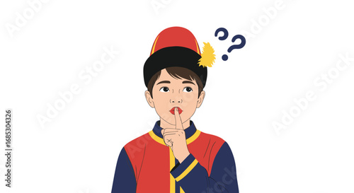 Young person in traditional attire poses a question about an unknown topic