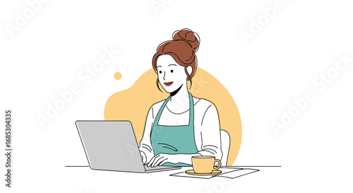 Young woman working on a laptop in a bright and cheerful office environment enjoying a cup of coffee