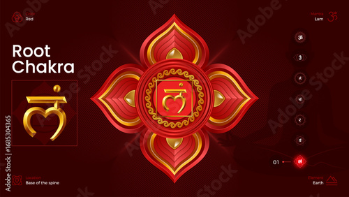 Root Chakra Symbol Illustration – Muladhara Energy Centre with Red Mandala Design