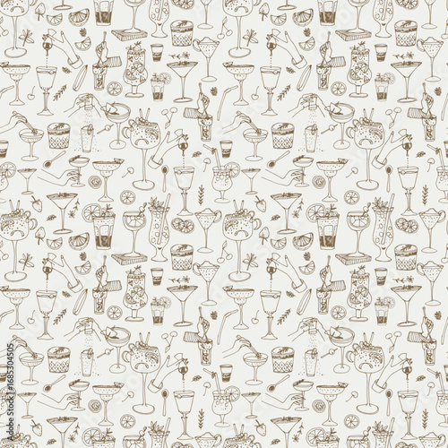 Seamless repeat pattern of dolce vita food and drinks . Different cocktails 