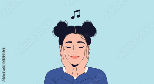 A person enjoying music with eyes closed and hands on cheeks