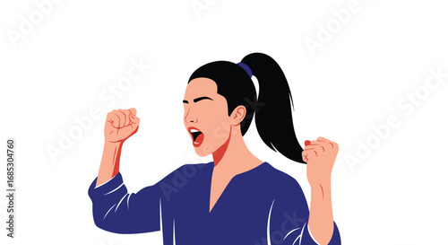 Excited woman with fists raised cheering loudly with a triumphant expression