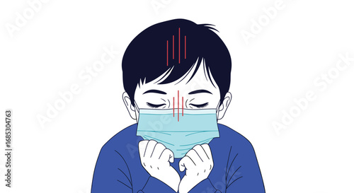 A young boy with a mask on his face coughing heavily during an outbreak