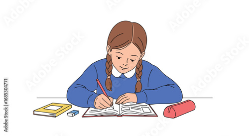 Young student diligently completes her schoolwork at a desk