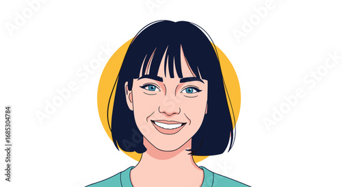 A joyful portrait of a young woman with short dark hair and blue eyes smiling