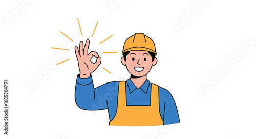 Skilled construction worker expresses satisfaction with a positive gesture
