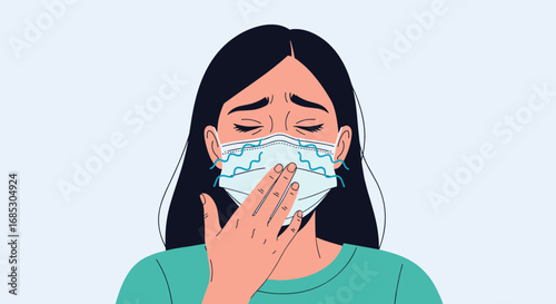 Woman wearing medical mask coughing and feeling unwell during pandemic