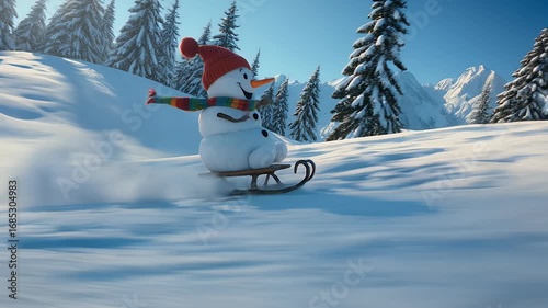 Happy Snowman Sledding In Snowy Mountains