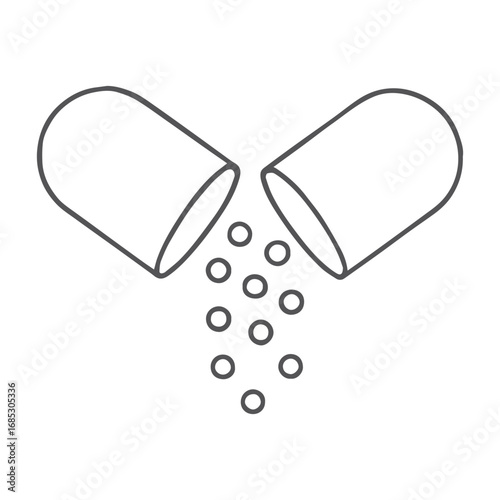 Vector illustration of open capsule with medicine powder in line art