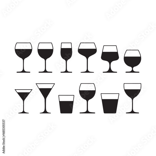 Collection of diverse drinkware silhouettes including wine glasses cocktail glasses and tumblers vector