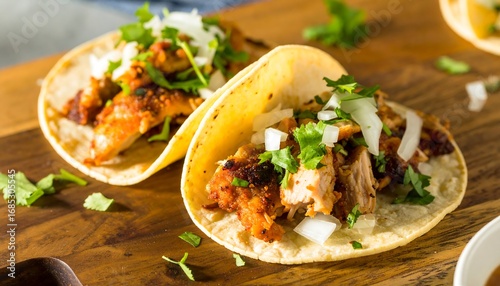Two tacos with seasoned meat, onions, and cilantro