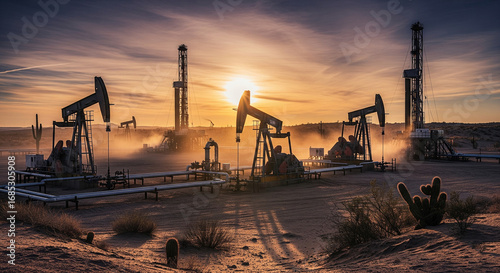 Oil pumpjacks operate in a vast desert landscape at sunset, symbolizing the fossil fuel and energy extraction industry.