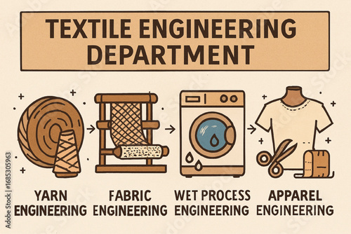 Textile Engineering Infographic with Yarn, Fabric, Wet Process, and Apparel Subfields – Flat Design Illustration