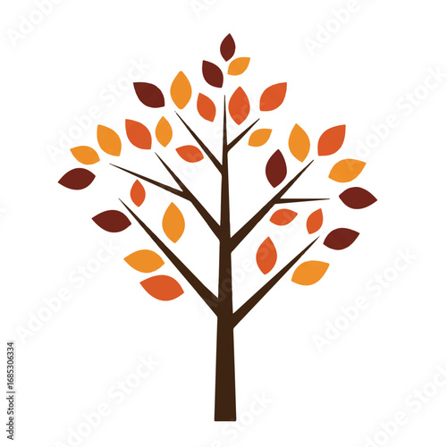 Abstract autumn tree with angular branches and colorful flat leaf shapes, a vibrant 2D vector illustration showcasing minimalist clean lines and solid colors, isolated on a clean white background.