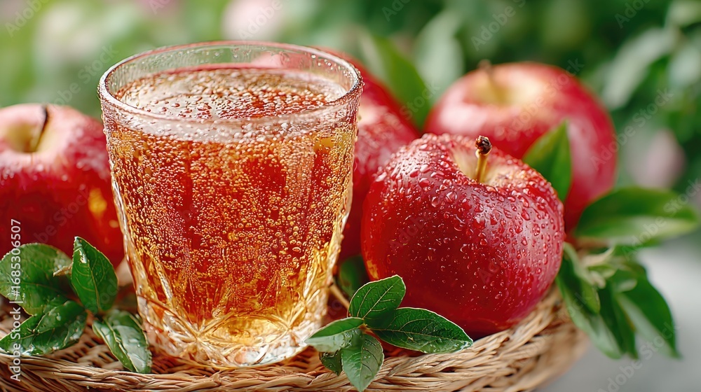 farmhouse gourmet food display artwork - Refreshing Apple Juice with Fresh Red Apples and Dewy Leaves farmhouse gourmet food display artwork - Refreshing Apple Juice with Fresh Red Apples and Dewy Leaves