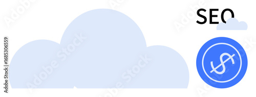 Blue cloud icon, circular dollar sign badge, and SEO text emphasize financial growth, SEO strategies, technological innovation, and cloud computing. Ideal for tech, business, marketing investments