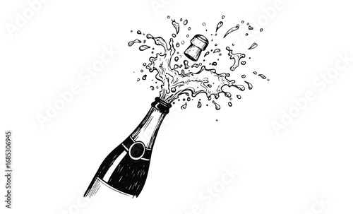 Exploding champagne bottle with cork and bubbles line drawing. Vector retro hand drawn illustration