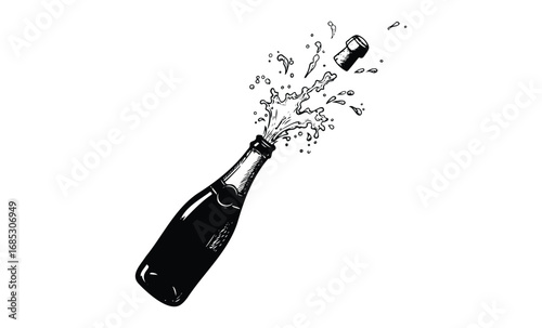 Exploding champagne bottle line art with cork popping and splashing liquid. Vector retro hand drawn illustration