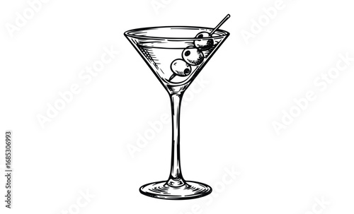 Vintage martini glass sketch with olive garnish on stick. Vector retro hand drawn illustration