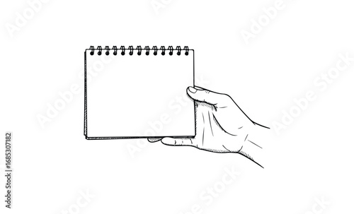 Hand holding blank spiral notebook. Vector retro hand drawn illustration