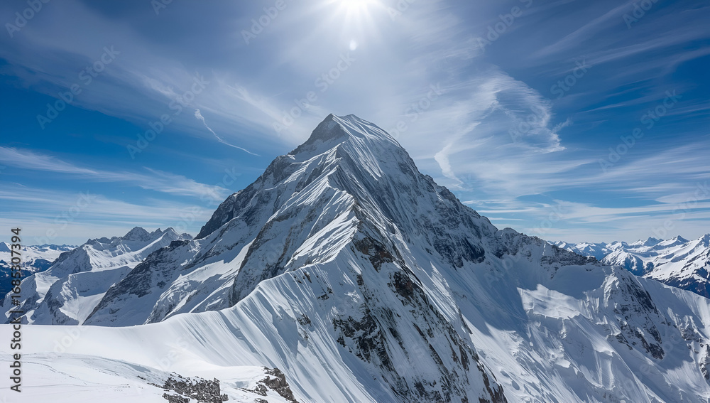 Obraz premium Snowy Mountain Peak Under Blue Sky with Sun Shining Brightly