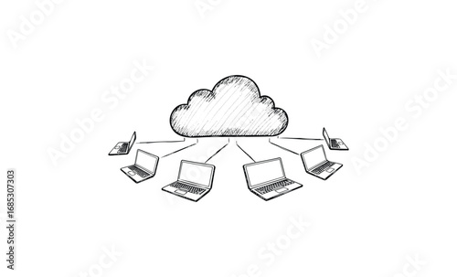 Cloud computing concept with devices and networking connections. Vector retro hand drawn illustration