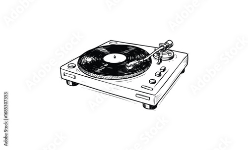 Vintage turntable sketch with record and tonearm illustration. Vector retro hand drawn illustration