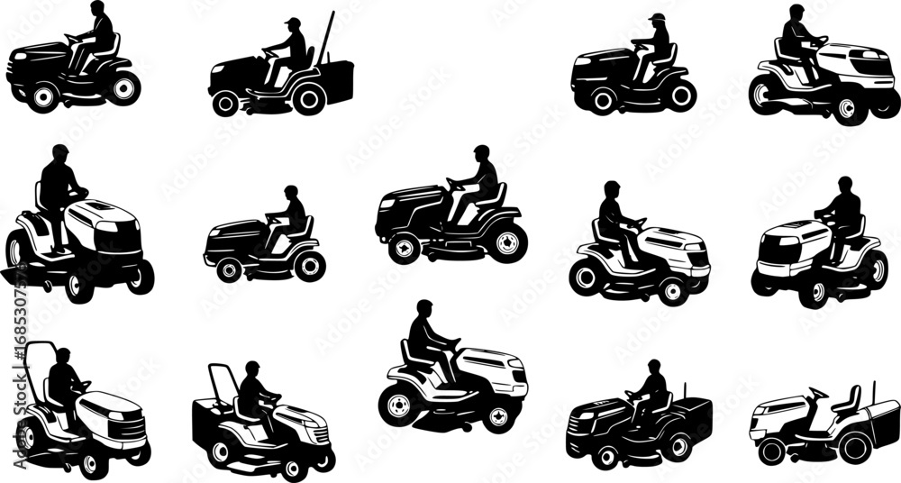 Fototapeta premium Riding mower silhouette, Riding mower svg, Lawn mower svg, Lawn mower silhouette, Riding mower bundle, Riding mower vector set.