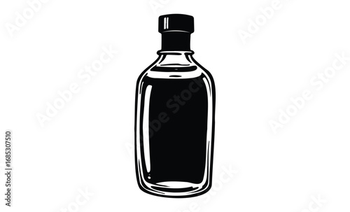 Black and white illustration of a bottle with cap. Vector retro hand drawn illustration