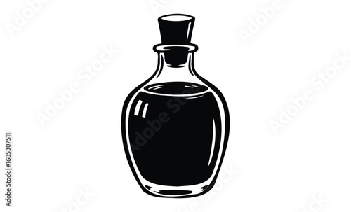 Black and white vintage glass bottle with stopper illustration. Vector retro hand drawn illustration