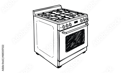 Black and white illustration of a gas stove with four burners and oven. Vector retro hand drawn illustration