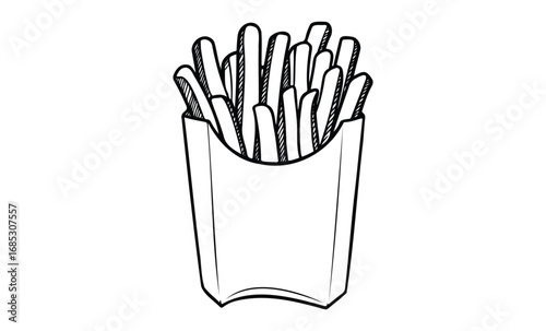 Black and white french fries sketch in a paper box. Vector retro hand drawn illustration