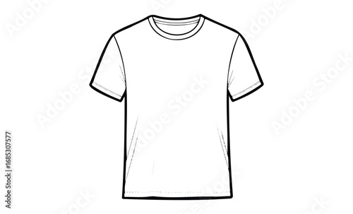 Blank white t-shirt illustration with simple design and black outline. Vector retro hand drawn illustration