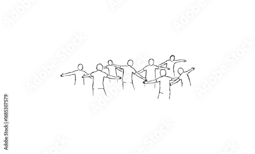 Eight stick figures in dynamic dance pose. Vector retro hand drawn illustration