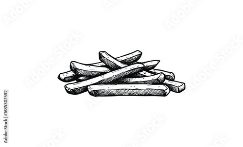 Vintage style ink drawing of classic french fries. Vector retro hand drawn illustration
