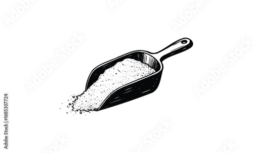 Black and white illustration of a scoop with powdered substance. Vector retro hand drawn illustration