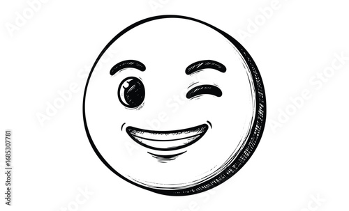 Sketch of winking smiley face: black and white hand-drawn emoji art. Vector retro hand drawn illustration