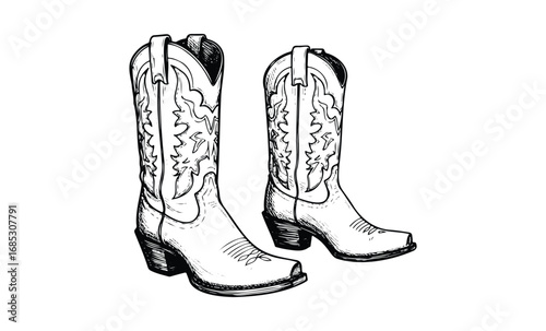 Vintage cowboy boots sketch with decorative patterns. Vector retro hand drawn illustration