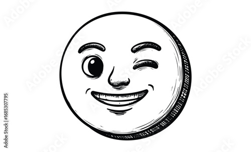 Smiling winking emoji face in black and white line art style. Vector retro hand drawn illustration