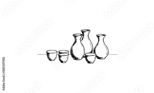 Vintage sketch of asian sake set with traditional bottles and cups. Vector retro hand drawn illustration