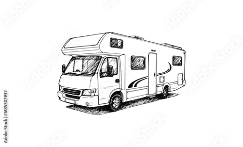 Black and white sketch of a vintage camper van. Vector retro hand drawn illustration