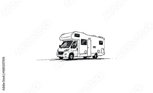 Hand-drawn recreational vehicle illustration in black and white line art style. Vector retro hand drawn illustration