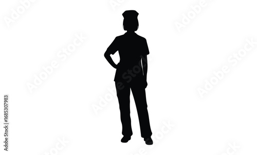 Silhouette of female healthcare worker in uniform with hands on hips. Vector retro hand drawn illustration