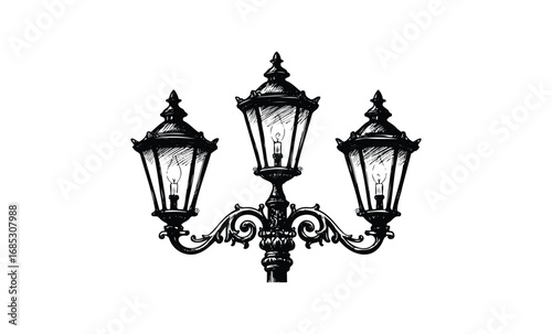 Vintage black and white triple lantern street light illustration with elegant details. Vector retro hand drawn illustration